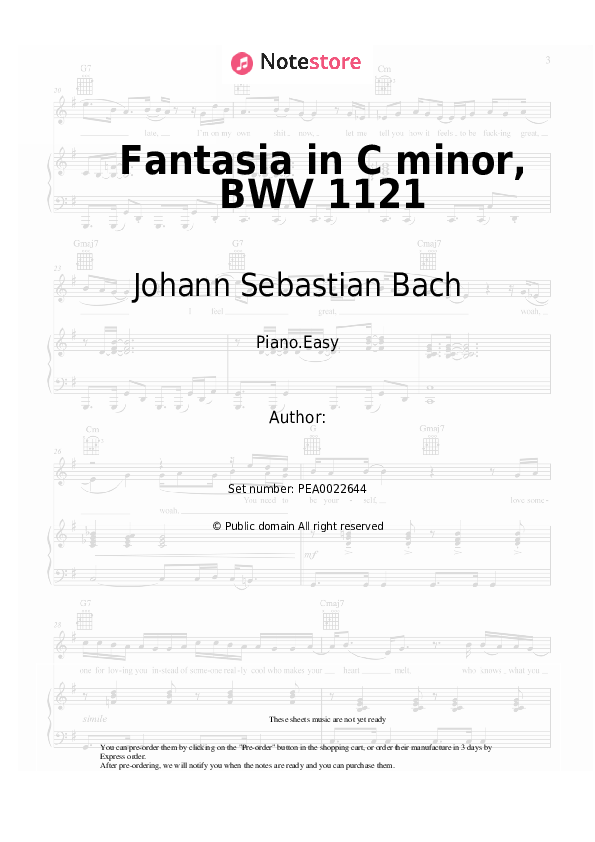 Easy sheet music Johann Sebastian Bach - Fantasia in C minor, BWV 1121 - Piano.Easy
