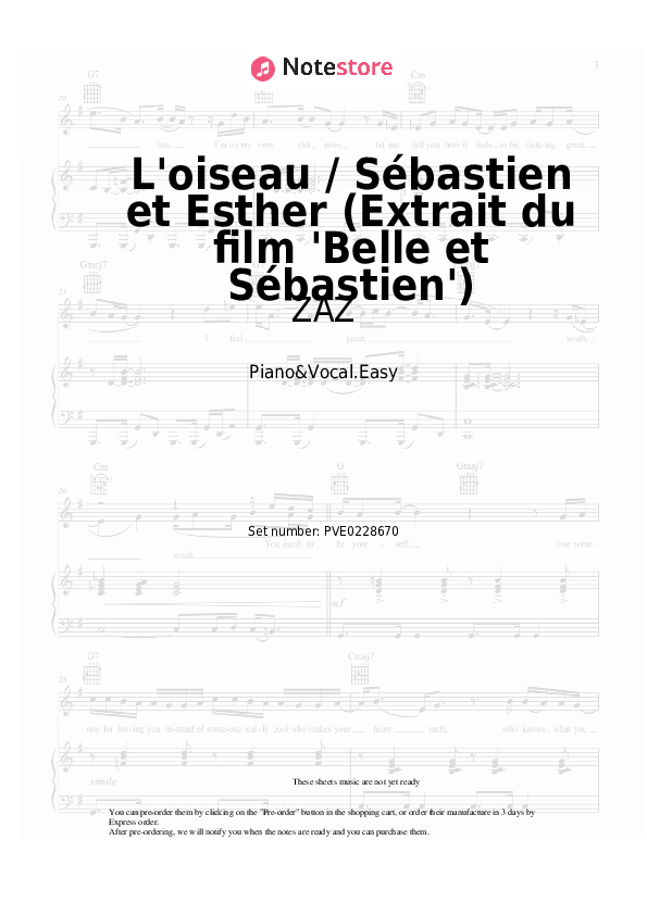L'oiseau / Sébastien et Esther (Extrait du film 'Belle et Sébastien') - ZAZ, Armand Amar, Guillaume Begni Piano Sheet Music Easy and Vocal - Piano&Vocal.Easy