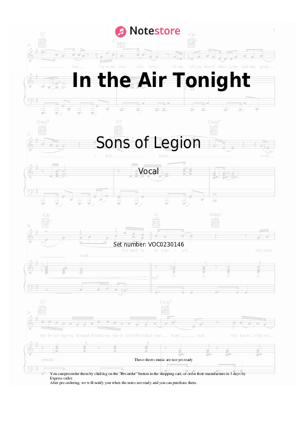 In the Air Tonight - Sons of Legion Vocal Sheet Music - Vocal