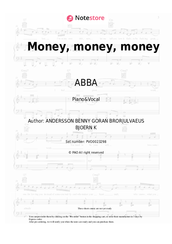 Sheet music with the voice part ABBA - Money, money, money - Piano&Vocal