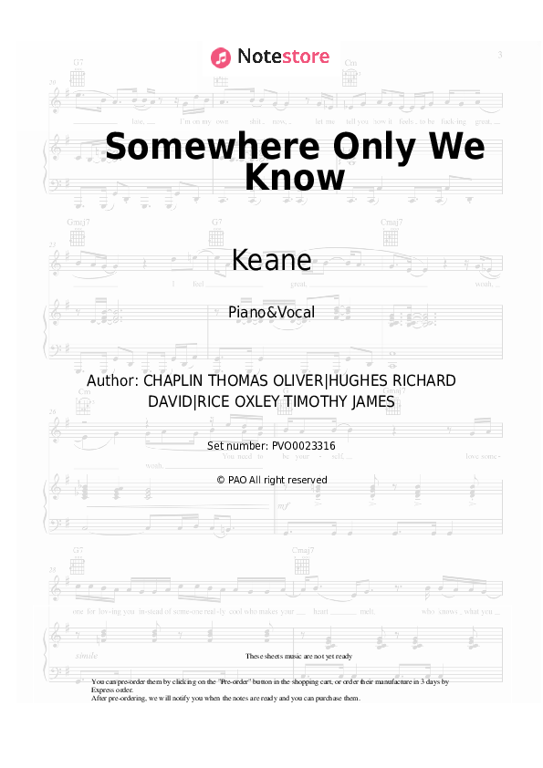 Sheet music with the voice part Keane - Somewhere Only We Know - Piano&Vocal