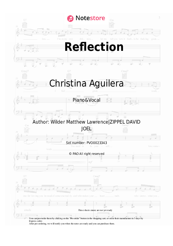 Reflection - Christina Aguilera Piano Sheet Music with the Voice part - Piano&Vocal