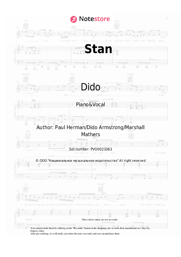 Sheet music with the voice part Eminem, Dido - Stan - Piano&Vocal