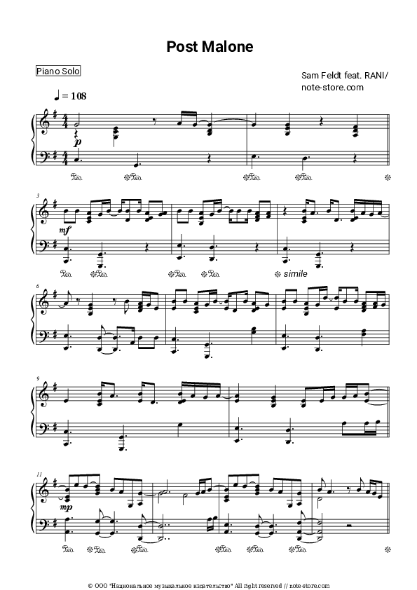 Post Malone - Sam Feldt, RANI Piano Sheet Music - Piano.Solo