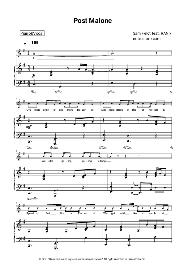 Sheet music with the voice part Sam Feldt, RANI - Post Malone - Piano&Vocal