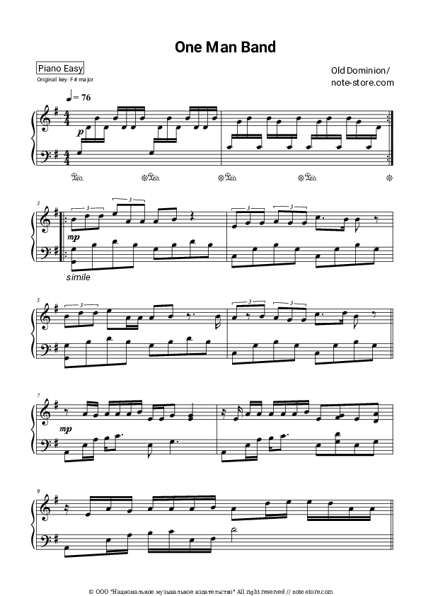 Easy sheet music Old Dominion - One Man Band - Piano.Easy