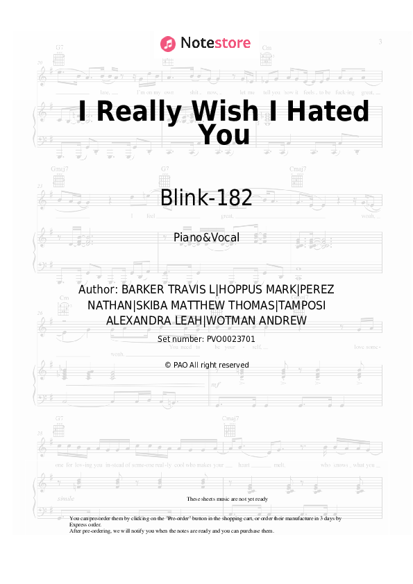 Sheet music with the voice part Blink-182 - I Really Wish I Hated You - Piano&Vocal