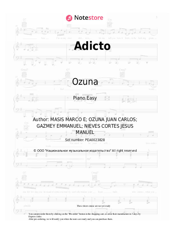 Easy sheet music Tainy, Anuel AA, Ozuna - Adicto - Piano.Easy