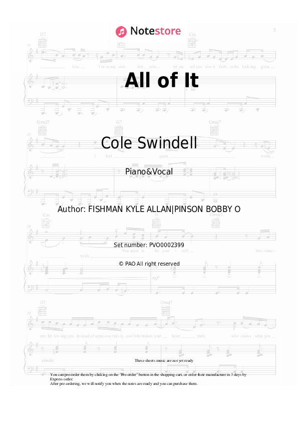 All of It - Cole Swindell Piano Sheet Music with the Voice part - Piano&Vocal