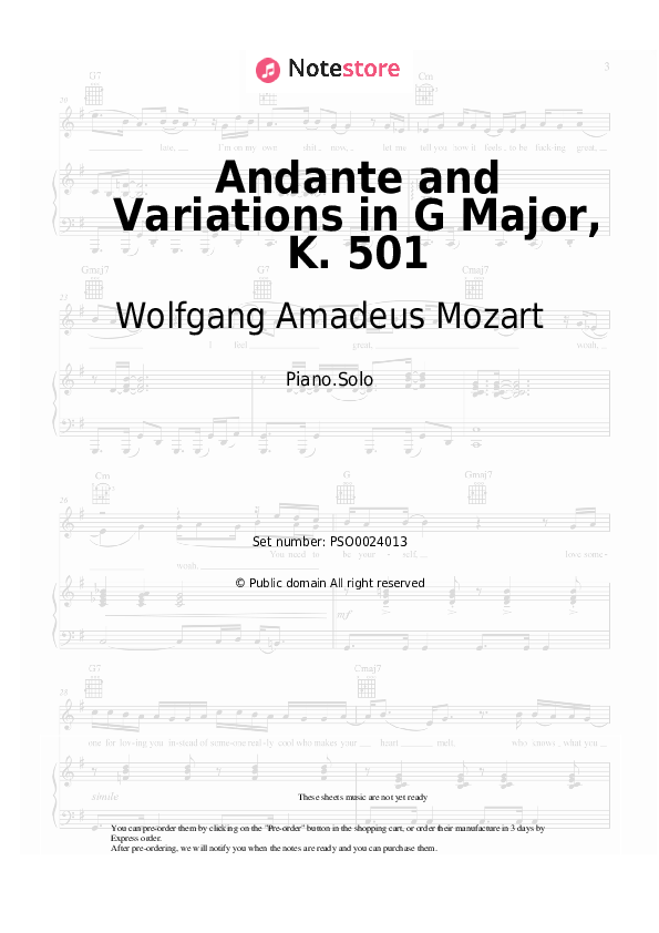 Wolfgang Amadeus Mozart - Andante and Variations in G Major, K. 501 piano sheet music