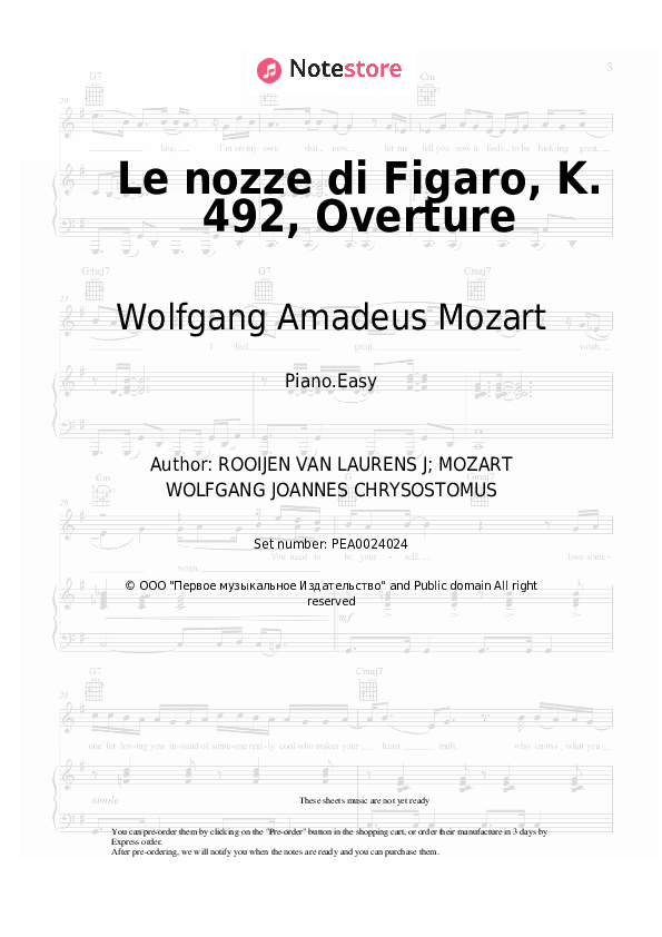 Easy sheet music Wolfgang Amadeus Mozart - Le nozze di Figaro, K. 492, Overture - Piano.Easy