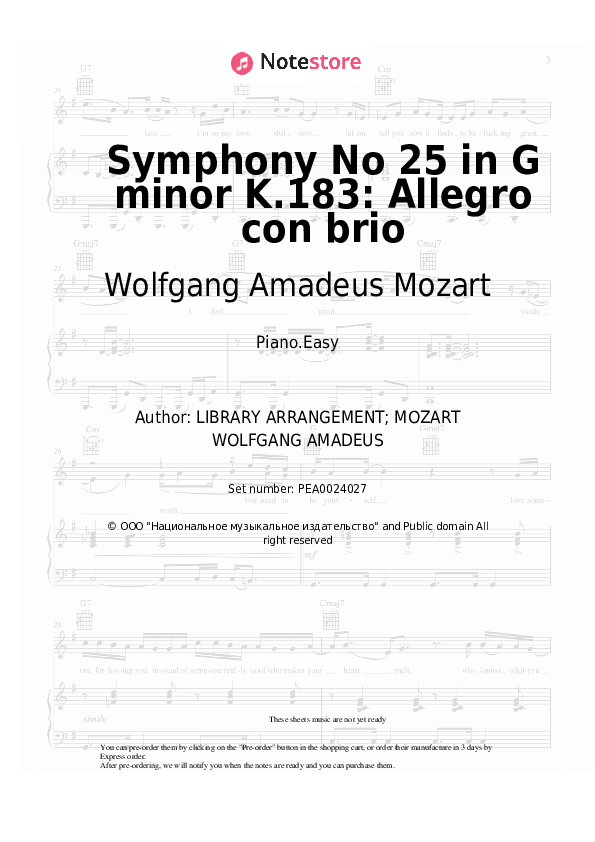 Easy sheet music Wolfgang Amadeus Mozart - Symphony No 25 in G minor K.183: Allegro con brio - Piano.Easy