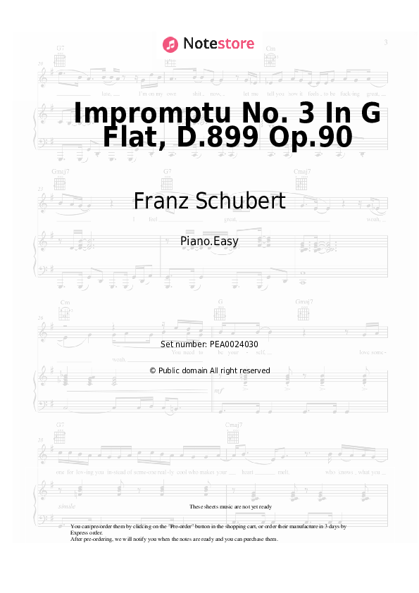 Easy sheet music Franz Schubert - Impromptu No.3 Andante In G Flat, D.899 Op.90 - Piano.Easy