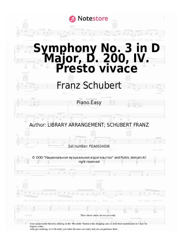 Symphony No. 3 in D Major, D. 200: IV. Presto vivace - Franz Schubert Piano Sheet Music Easy - Piano.Easy