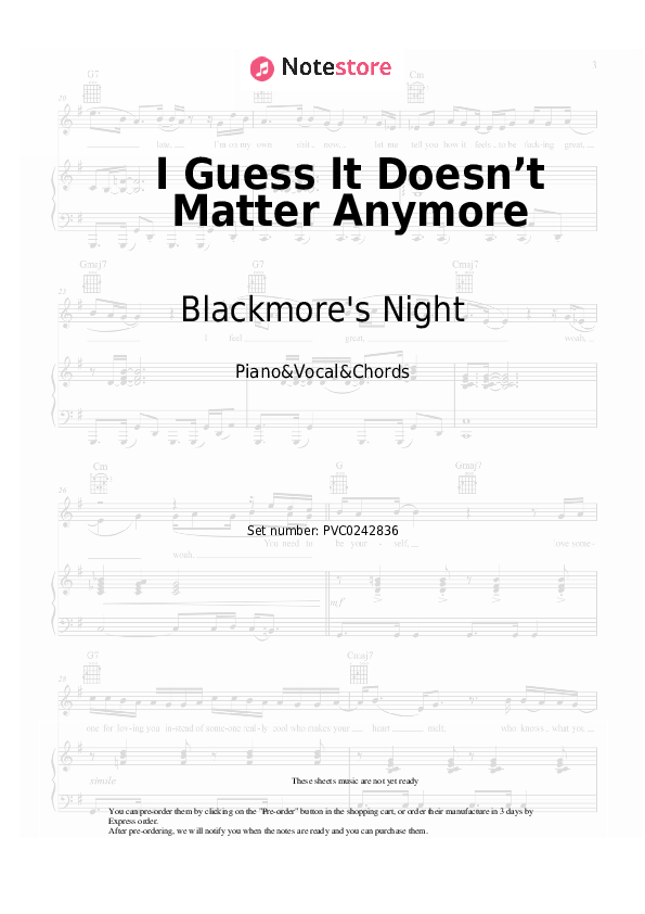I Guess It Doesn’t Matter Anymore - Blackmore's Night Piano Sheet Music with the Vocal and Chords - Piano&Vocal&Chords