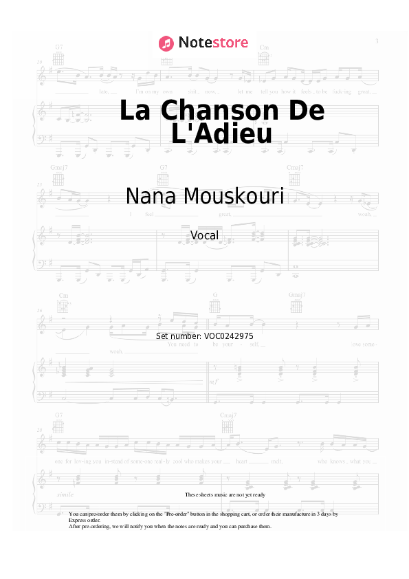 La Chanson De L'Adieu - Nana Mouskouri Vocal Sheet Music - Vocal