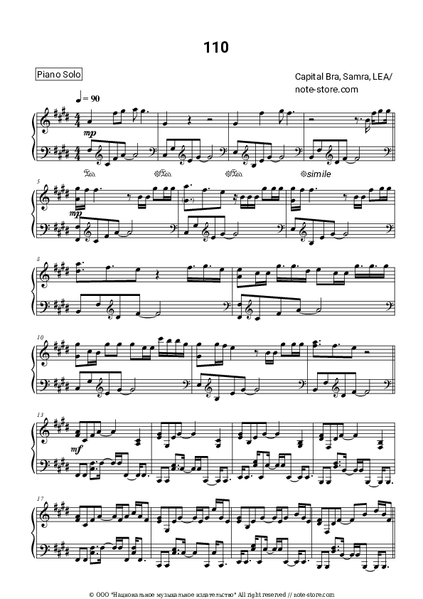 Sheet music Capital Bra, Samra, Lea - 110 - Piano.Solo