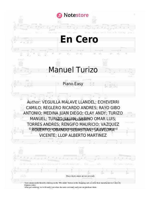 Yandel, Sebastian Yatra, Manuel Turizo - En Cero piano sheet music