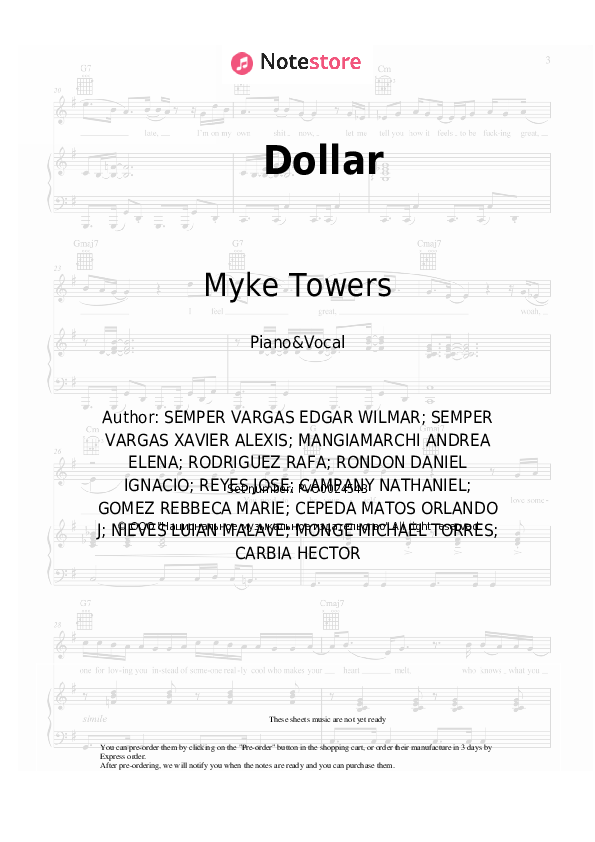 Sheet music with the voice part Becky G, Myke Towers - Dollar - Piano&Vocal