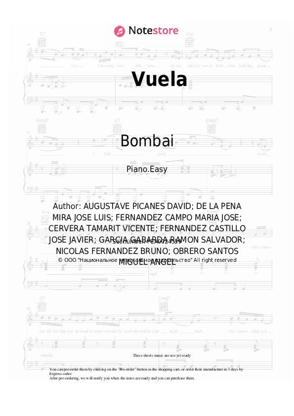 Easy sheet music Bombai - Vuela - Piano.Easy