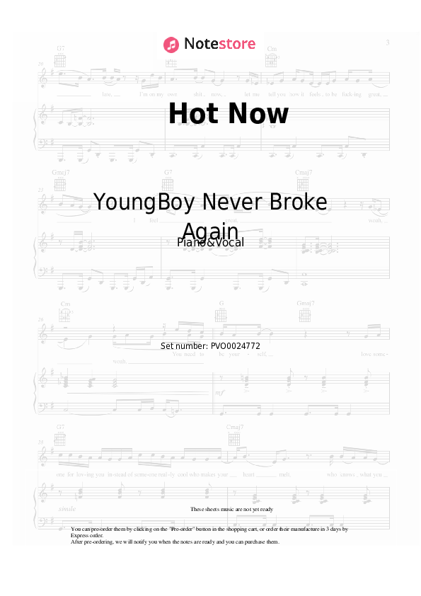 Sheet music with the voice part YoungBoy Never Broke Again - Hot Now - Piano&Vocal