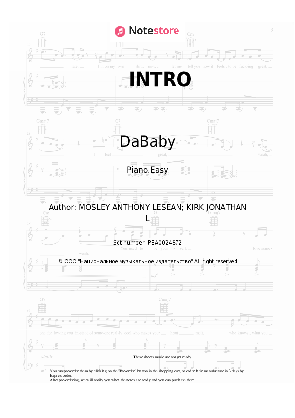 Easy sheet music DaBaby - INTRO - Piano.Easy