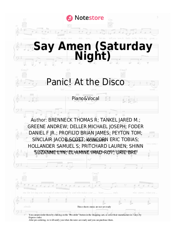 Sheet music with the voice part Panic! At the Disco - Say Amen (Saturday Night) - Piano&Vocal
