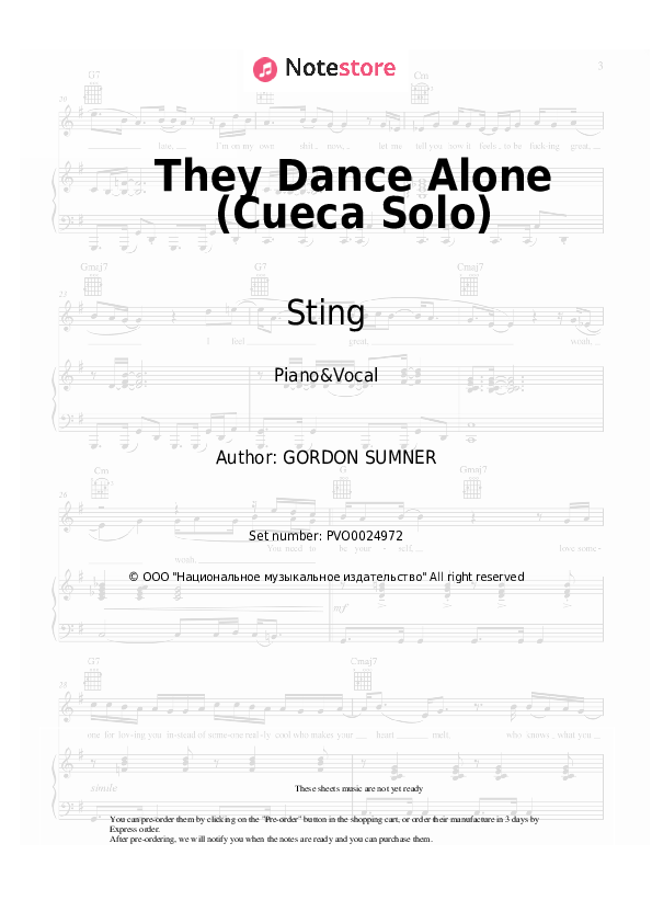 They Dance Alone (Cueca Solo) - Sting Piano Sheet Music with the Voice part - Piano&Vocal