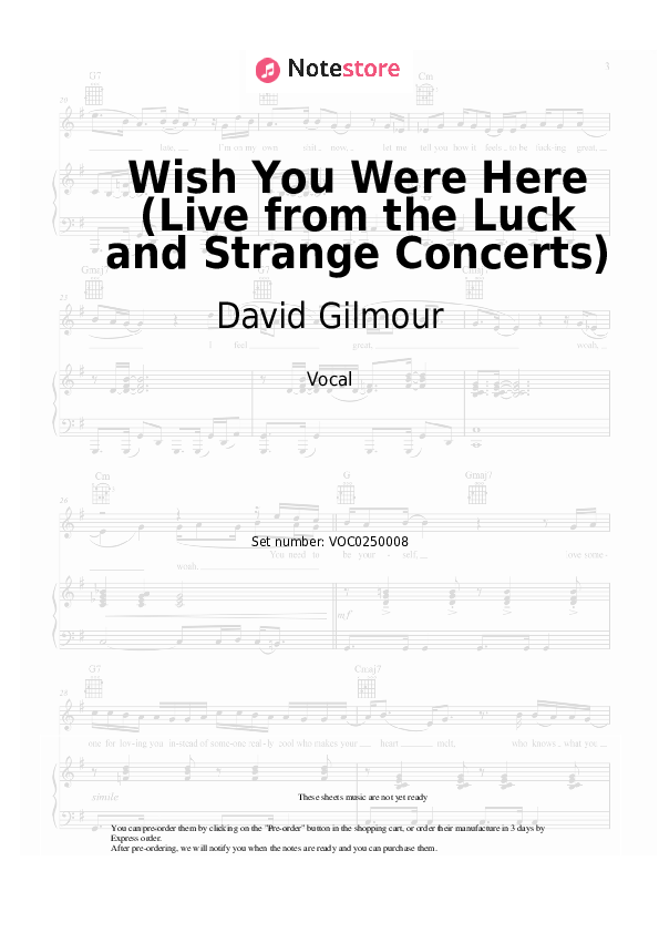Wish You Were Here (Live from the Luck and Strange Concerts) - David Gilmour Vocal Sheet Music - Vocal