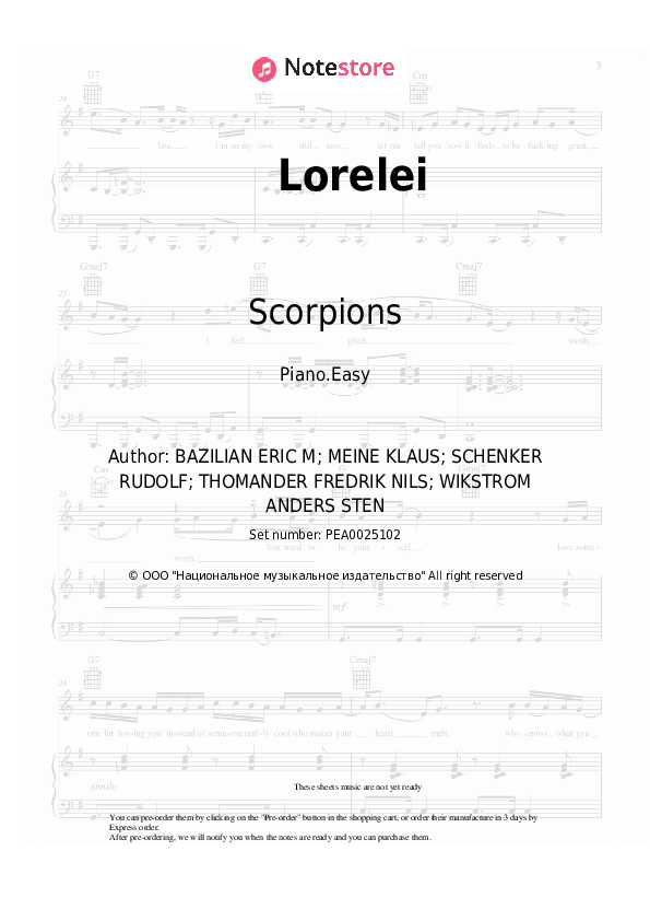 Easy sheet music Scorpions - Lorelei - Piano.Easy