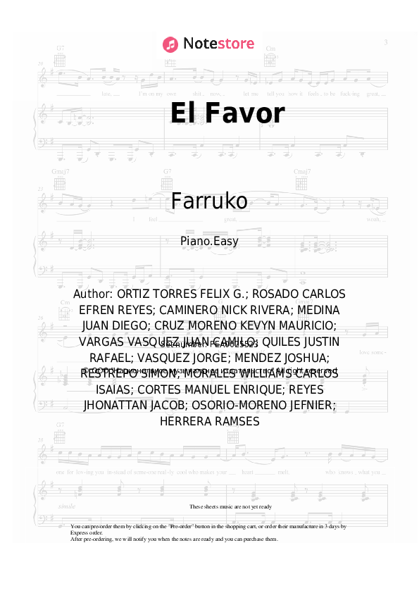 Easy sheet music Dimelo Flow, Nicky Jam, Sech, Zion, Lunay, Farruko - El Favor - Piano.Easy