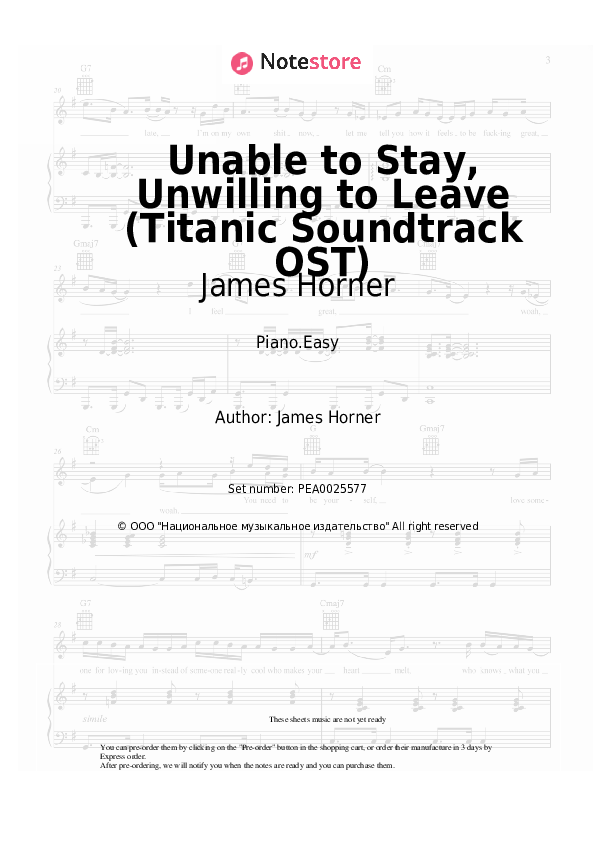 James Horner - Unable to Stay, Unwilling to Leave (Titanic Soundtrack OST) piano sheet music