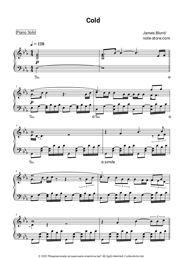 Cold - James Blunt Piano Sheet Music - Piano.Solo