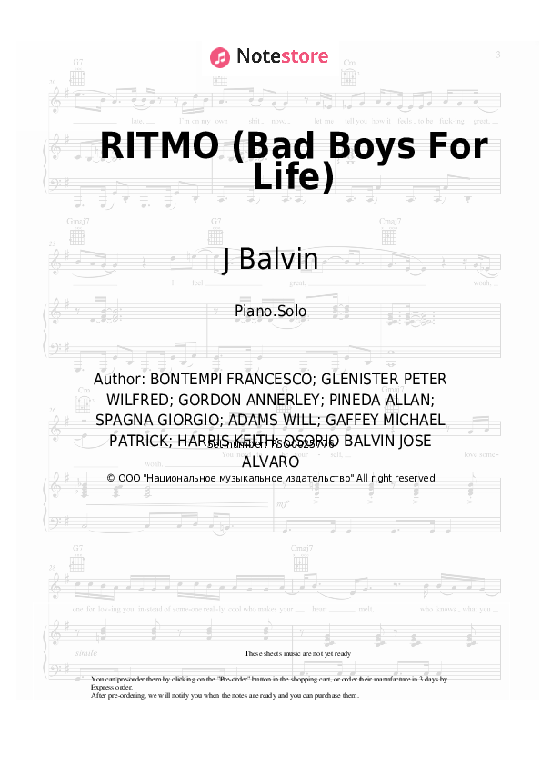Sheet music The Black Eyed Peas, J Balvin - RITMO (Bad Boys For Life) - Piano.Solo