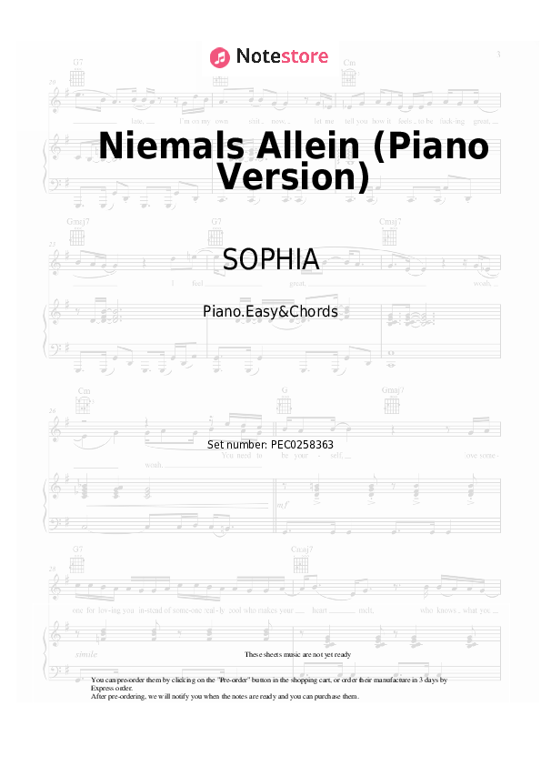 Niemals Allein (Piano Version) - SOPHIA Sheet Music Easy and Chords - Piano.Easy&Chords