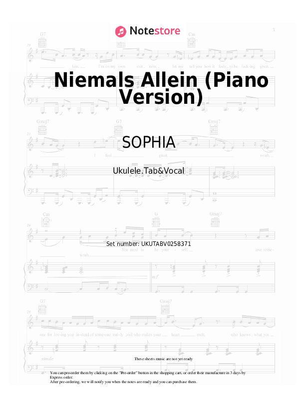 Niemals Allein (Piano Version) - SOPHIA Sheet Music - Ukulele.Tab&Vocal