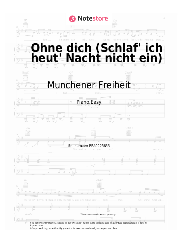 Easy sheet music Munchener Freiheit - Ohne dich (Schlaf' ich heut' Nacht nicht ein) - Piano.Easy