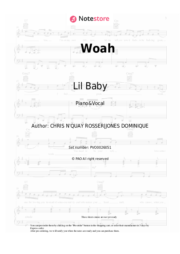 Sheet music with the voice part Lil Baby - Woah - Piano&Vocal