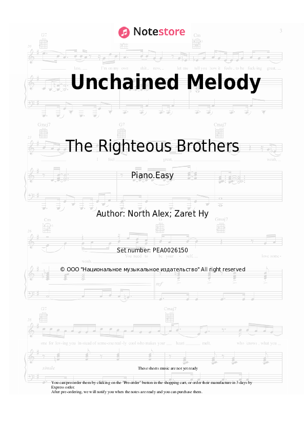 Easy sheet music The Righteous Brothers - Unchained Melody - Piano.Easy