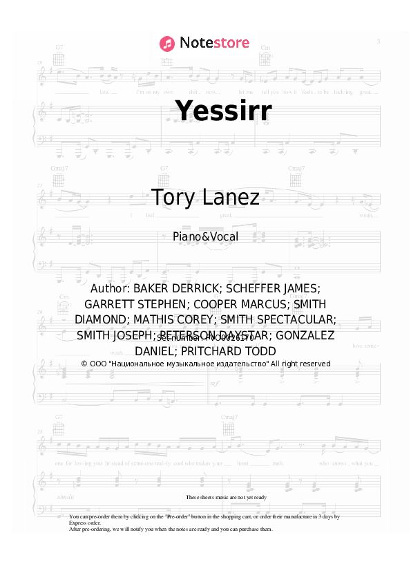 Sheet music with the voice part Tory Lanez - Yessirr - Piano&Vocal