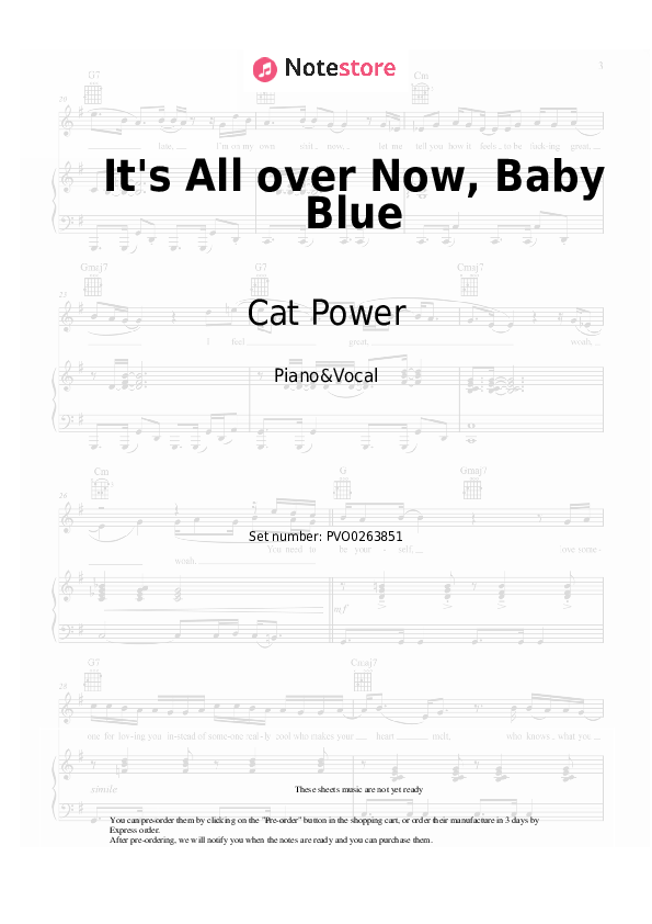 It's All over Now, Baby Blue - Cat Power Piano Sheet Music with the Voice part - Piano&Vocal