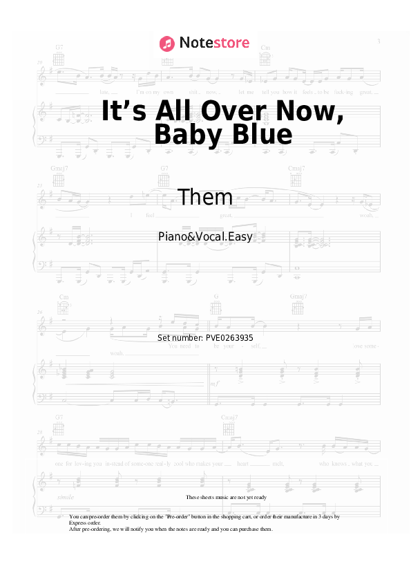 It’s All Over Now, Baby Blue - Them Piano Sheet Music Easy and Vocal - Piano&Vocal.Easy