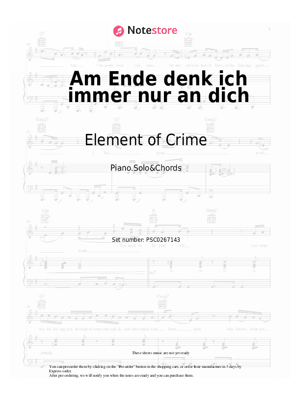 Am Ende denk ich immer nur an dich - Element of Crime Piano Sheet Music and Chords - Piano.Solo&Chords