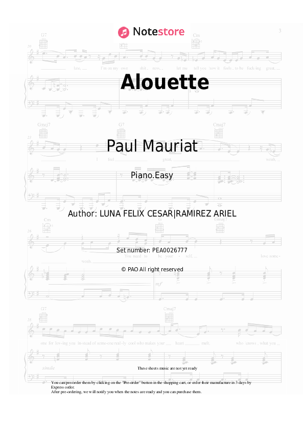 Easy sheet music Paul Mauriat - Alouette - Piano.Easy