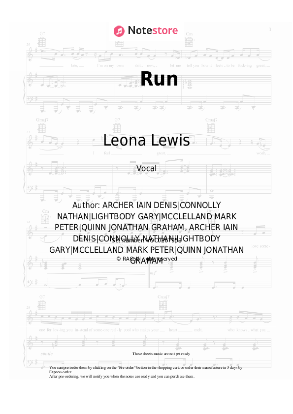 Run - Leona Lewis Vocal Sheet Music - Vocal