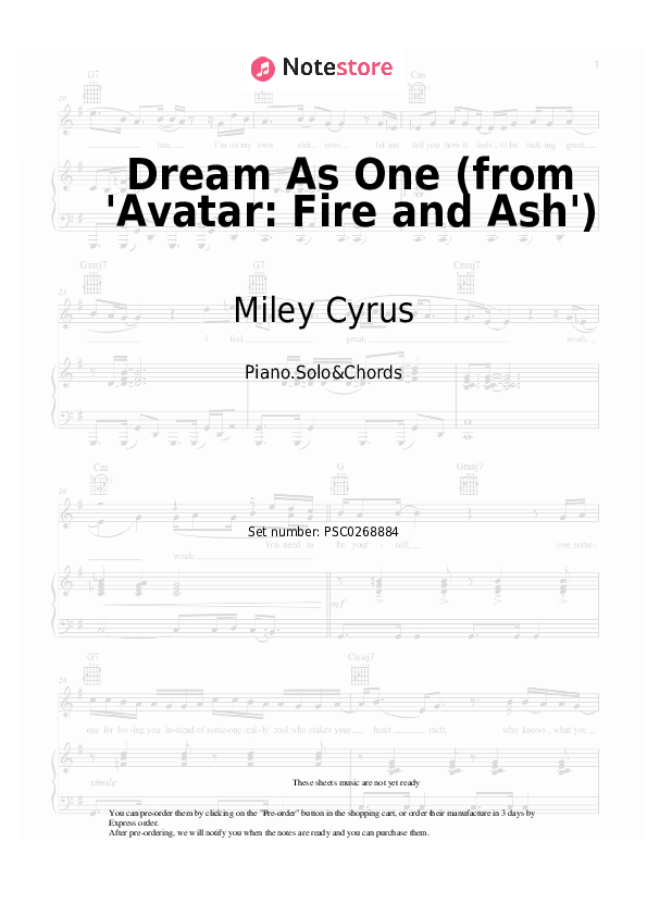 Dream As One (from 'Avatar: Fire and Ash') - Miley Cyrus Piano Sheet Music and Chords - Piano.Solo&Chords