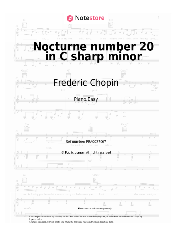 Easy sheet music Frederic Chopin - Nocturne number 20 in C sharp minor - Piano.Easy