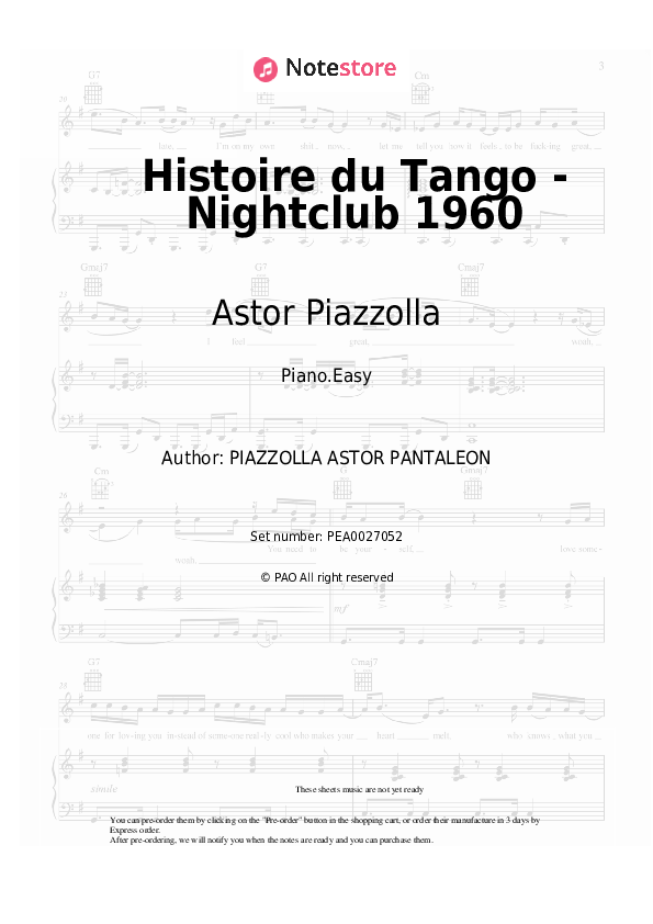 Easy sheet music Astor Piazzolla - Histoire du Tango - Nightclub 1960 - Piano.Easy