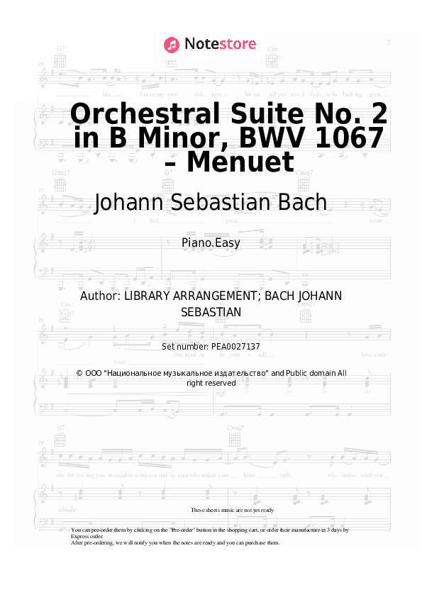 Easy sheet music Johann Sebastian Bach - Orchestral Suite No. 2 in B Minor, BWV 1067 – Menuet - Piano.Easy