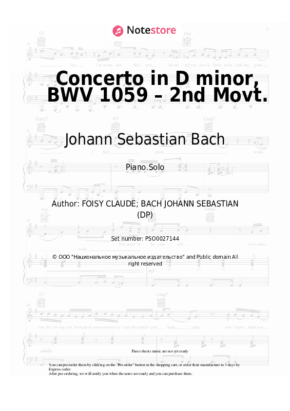Sheet music Johann Sebastian Bach - Concerto in D minor, BWV 1059 – 2nd Movt. - Piano.Solo